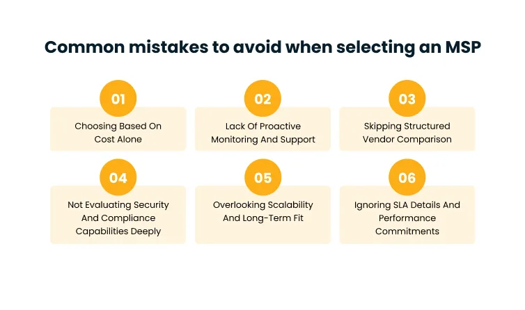 Infographic showing six MSP selection mistakes: 01–06 with captions on cost, proactivity, structured vendor comparison, security, scalability, and SLA details.