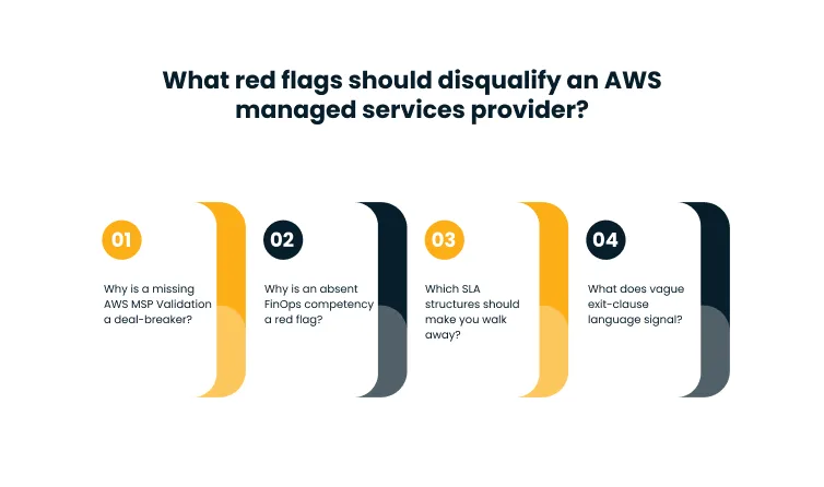 Infographic title: What red flags should disqualify an AWS managed services provider? with four steps illustrating questions 01–04, each in colored curved shapes.