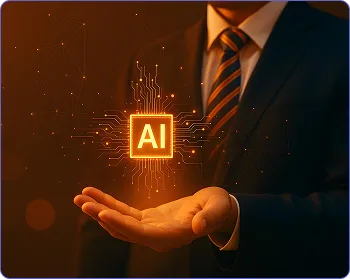 Business professional in a suit holds a glowing AI icon above their palm, set against a circuit-like background.